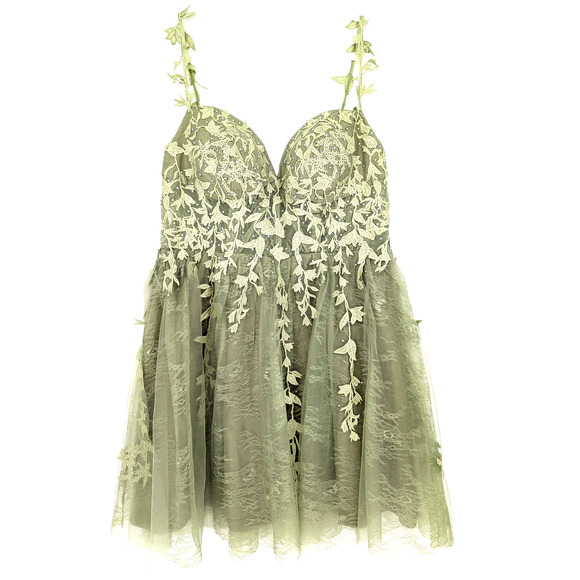Sage Green Coquette Forest Fairy Lace Tulle Sheer Embellished Corset Dress 18 - Picture 2 of 15